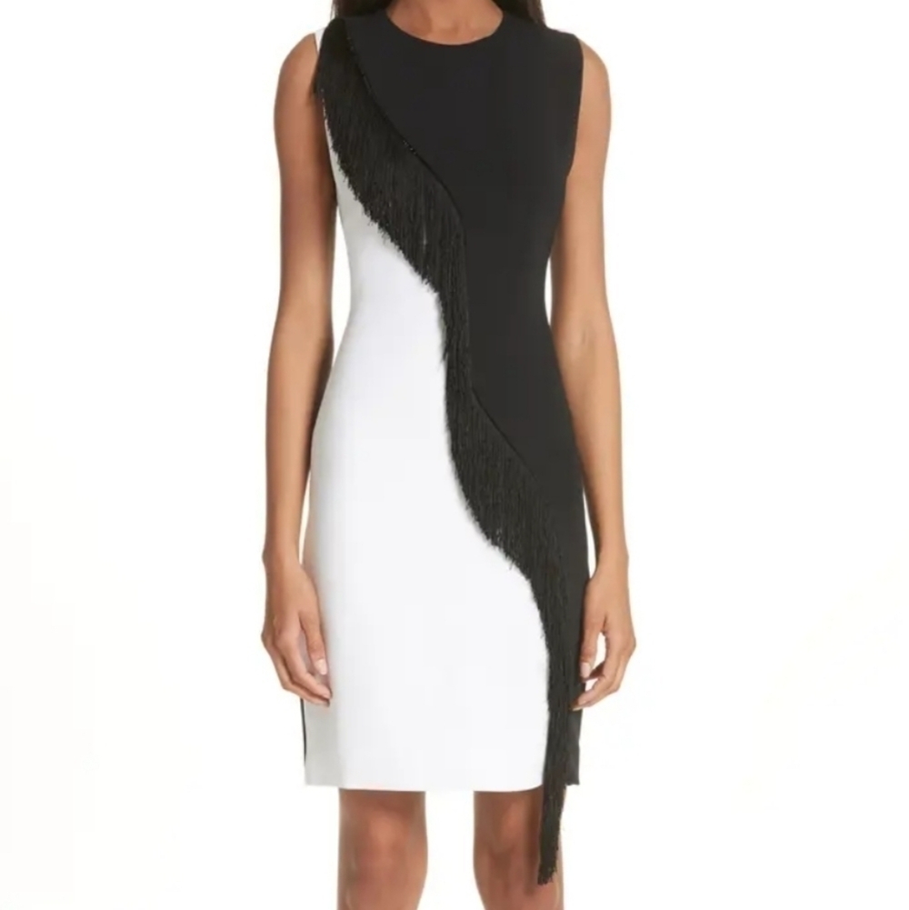 Cushnie & Ochs Two Tone Cady Asymmetrical Fringe Mini Dress Black & White Size 2
